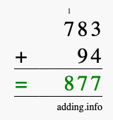 Calculate 783 + 94 using long addition