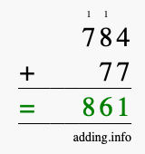 Calculate 784 + 77 using long addition