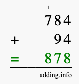 Calculate 784 + 94 using long addition