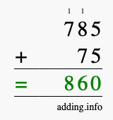 Calculate 785 + 75 using long addition