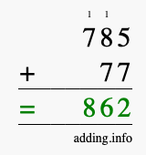 Calculate 785 + 77 using long addition