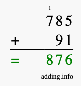 Calculate 785 + 91 using long addition