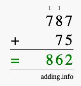 Calculate 787 + 75 using long addition