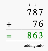 Calculate 787 + 76 using long addition