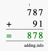 Calculate 787 + 91 using long addition
