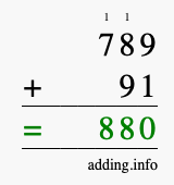 Calculate 789 + 91 using long addition