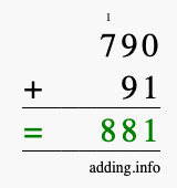 Calculate 790 + 91 using long addition