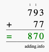Calculate 793 + 77 using long addition