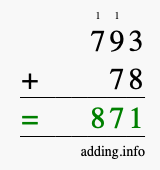 Calculate 793 + 78 using long addition