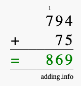 Calculate 794 + 75 using long addition