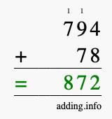 Calculate 794 + 78 using long addition
