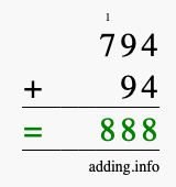 Calculate 794 + 94 using long addition