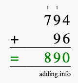 Calculate 794 + 96 using long addition