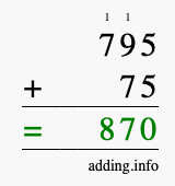 Calculate 795 + 75 using long addition