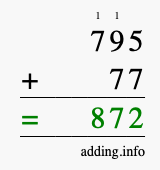 Calculate 795 + 77 using long addition