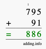 Calculate 795 + 91 using long addition