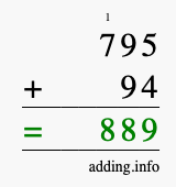 Calculate 795 + 94 using long addition
