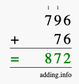 Calculate 796 + 76 using long addition