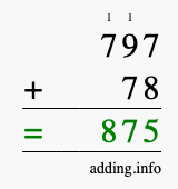 Calculate 797 + 78 using long addition