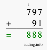 Calculate 797 + 91 using long addition