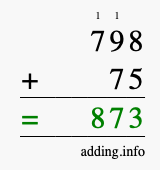 Calculate 798 + 75 using long addition