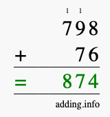 Calculate 798 + 76 using long addition