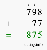 Calculate 798 + 77 using long addition