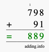 Calculate 798 + 91 using long addition