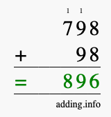 Calculate 798 + 98 using long addition