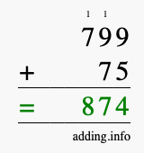 Calculate 799 + 75 using long addition