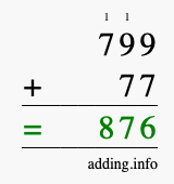 Calculate 799 + 77 using long addition