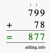 Calculate 799 + 78 using long addition