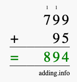 Calculate 799 + 95 using long addition