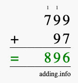 Calculate 799 + 97 using long addition