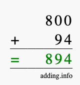 Calculate 800 + 94 using long addition