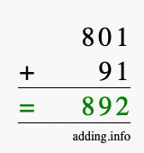 Calculate 801 + 91 using long addition