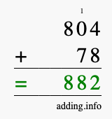Calculate 804 + 78 using long addition