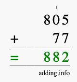 Calculate 805 + 77 using long addition