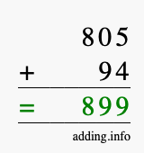 Calculate 805 + 94 using long addition