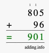 Calculate 805 + 96 using long addition