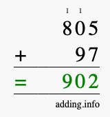 Calculate 805 + 97 using long addition