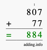 Calculate 807 + 77 using long addition