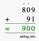 Calculate 809 + 91 using long addition