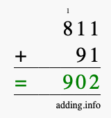 Calculate 811 + 91 using long addition