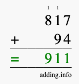 Calculate 817 + 94 using long addition