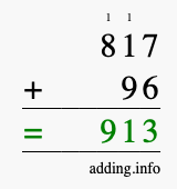 Calculate 817 + 96 using long addition