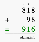Calculate 818 + 98 using long addition
