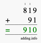 Calculate 819 + 91 using long addition