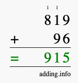 Calculate 819 + 96 using long addition