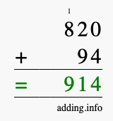 Calculate 820 + 94 using long addition